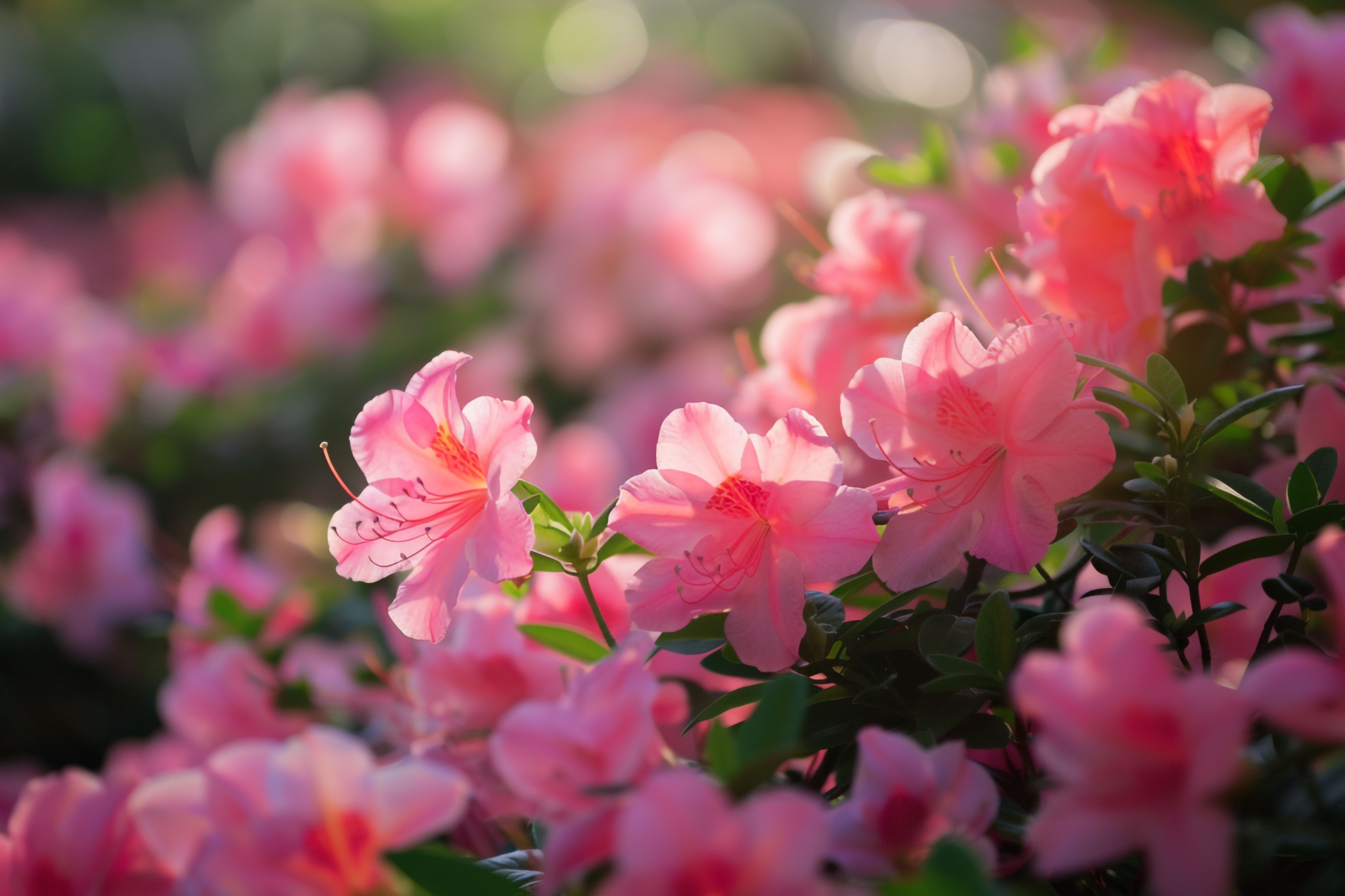 Mossy oaks and pink azaleas line a dirt path in Bluffton, SC, glowing under warm spring sunlight